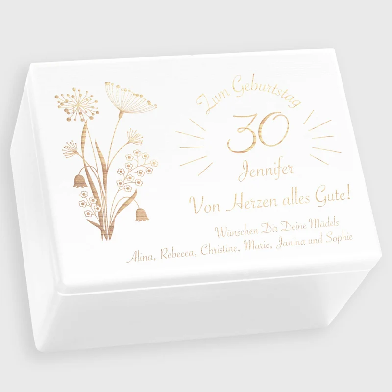 Holzkiste mit Gravur - Personalisiertes Geburtstagsgeschenk - Blumen Motiv - Weiß, FSC®