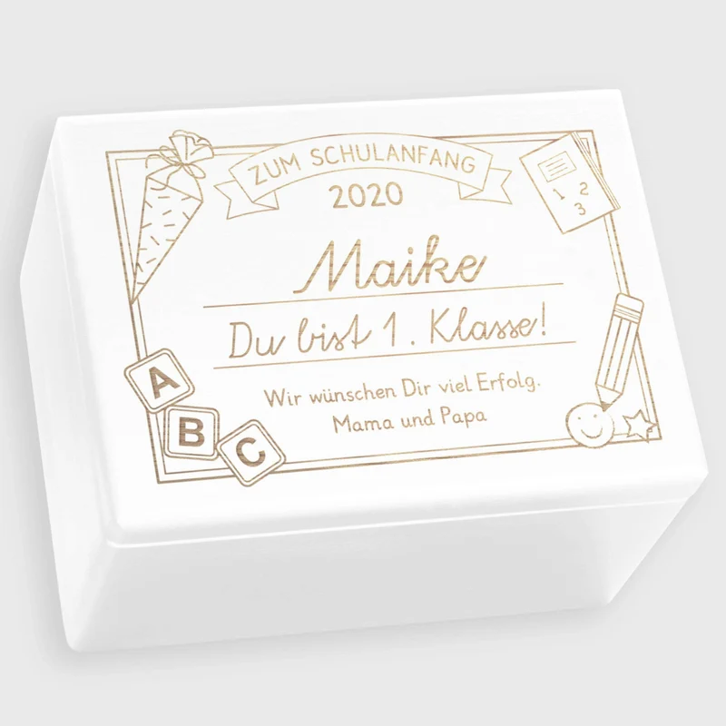 Erinnerungskiste - Erste Klasse Gravur - Erinnerungsbox Weiß, FSC® | Geschenk zur Einschulung, Schulanfang & Schulstart - für Jungen & Mädchen