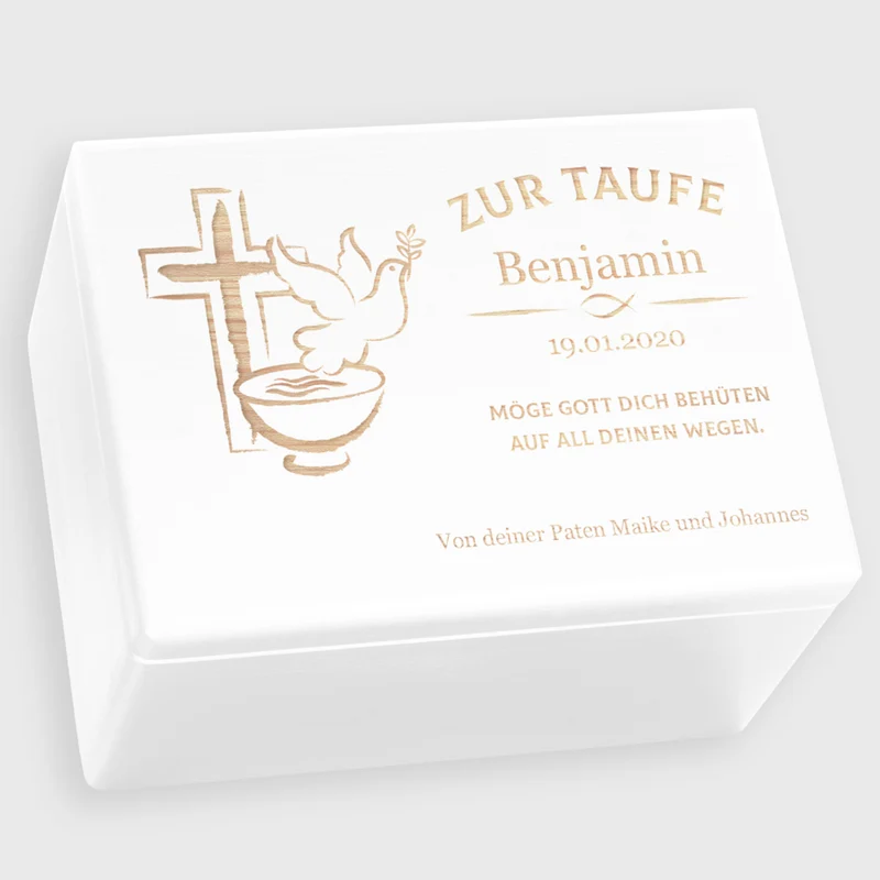 Personalisierte Erinnerungsbox als Taufgeschenk - Friedenstaube - Weiß, FSC® | Erinnerungskiste Geschenk zur Taufe für Baby von Großeltern & Paten