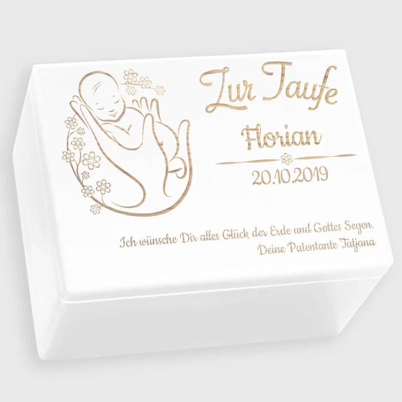Personalisierte Erinnerungsbox als Taufgeschenk - Blumenbaby - Holzkiste, weiß, FSC® | Erinnerungskiste als Geschenk zur Taufe - Kiste aus Holz