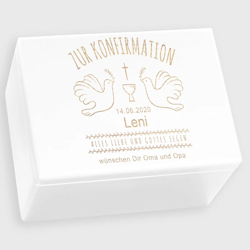 Personalisierte Erinnerungsbox zur Konfirmation - Tauben Motiv - Holzkiste Geschenk zur Konfirmation, weiß, FSC®