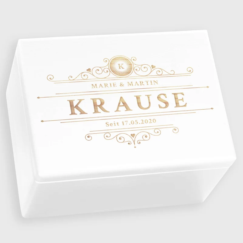 Erinnerungsbox zur Hochzeit - Ranken - Hochzeitskiste personalisiert mit Gravur - Holzkiste Weiß, FSC®️ | Erinnerungskiste Holzbox Erinnerung