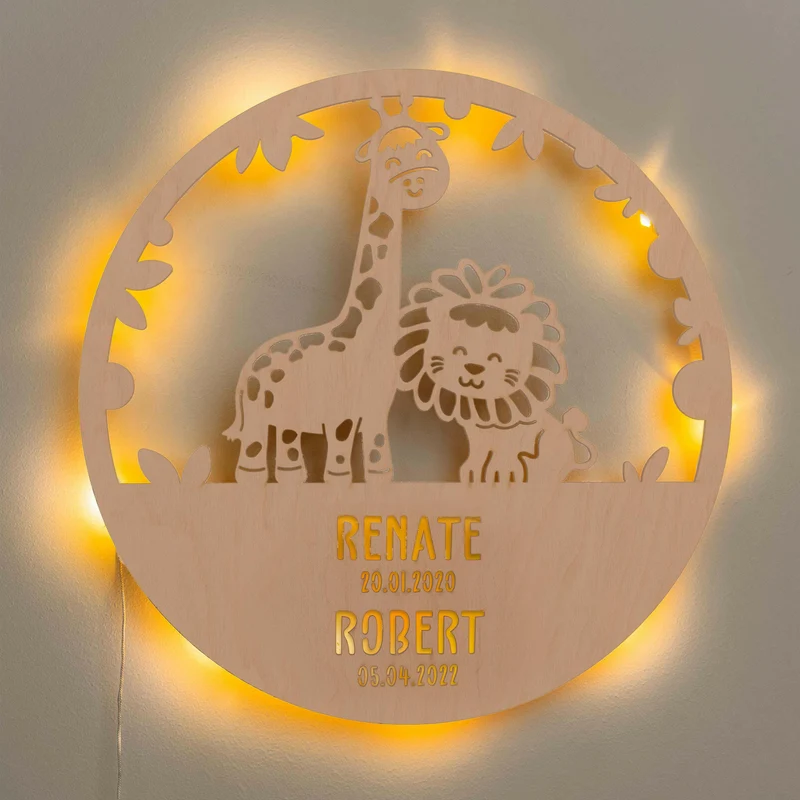 Schlummerlicht Baby mit Namen - Kinder Nachtlicht Personalisiert - Dschungel | LED Holz Lampe natur - Geschwister Geschenk