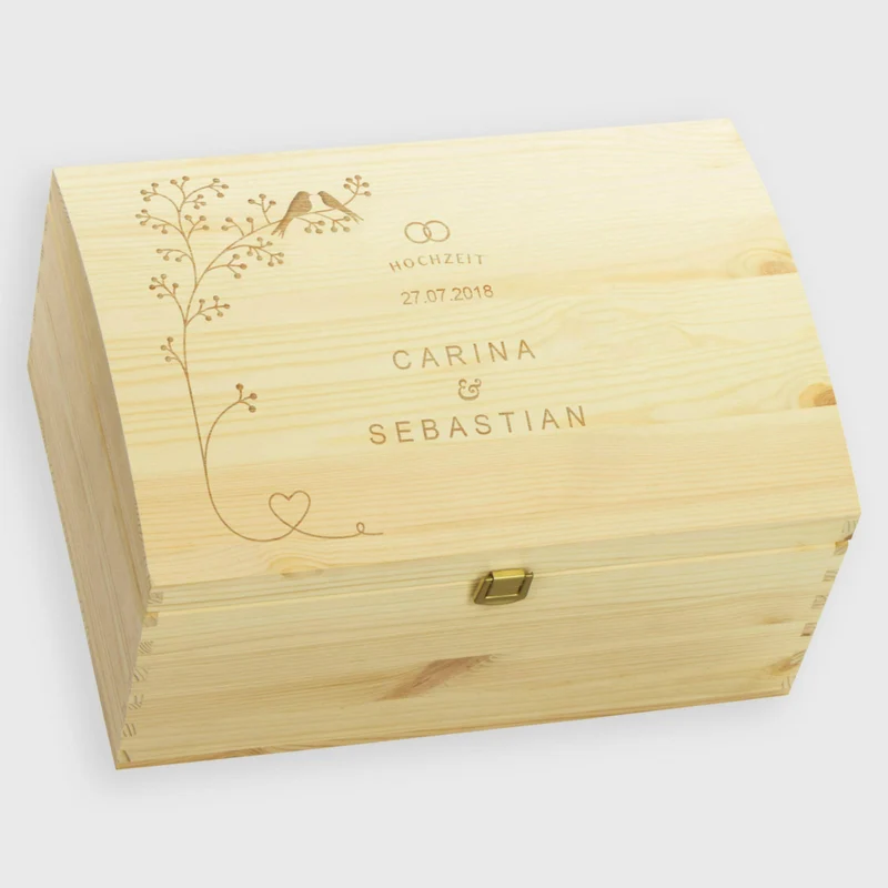 Holztruhe zur Hochzeit - Personalisiert - Schnäbelnde Vögel Motiv - Größe L, FSC®