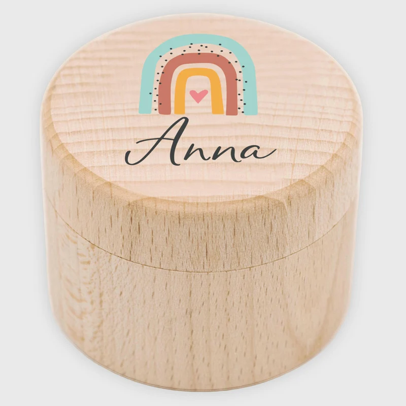 Personalisierte Milchzahndose aus Lindenholz mit Namen - Zahnbox für Kinder - Regenbogen Motiv | Natur, Runde - Baby Geschenk & Andenken zur Taufe