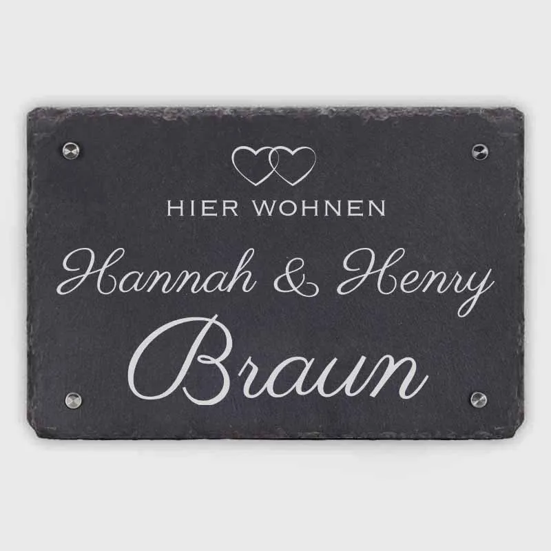 Türschild Personalisiert - Druck mit Name & Familie - 3 Größen | Hausschild Herzen | Namensschild Schiefer zur Wandmontage