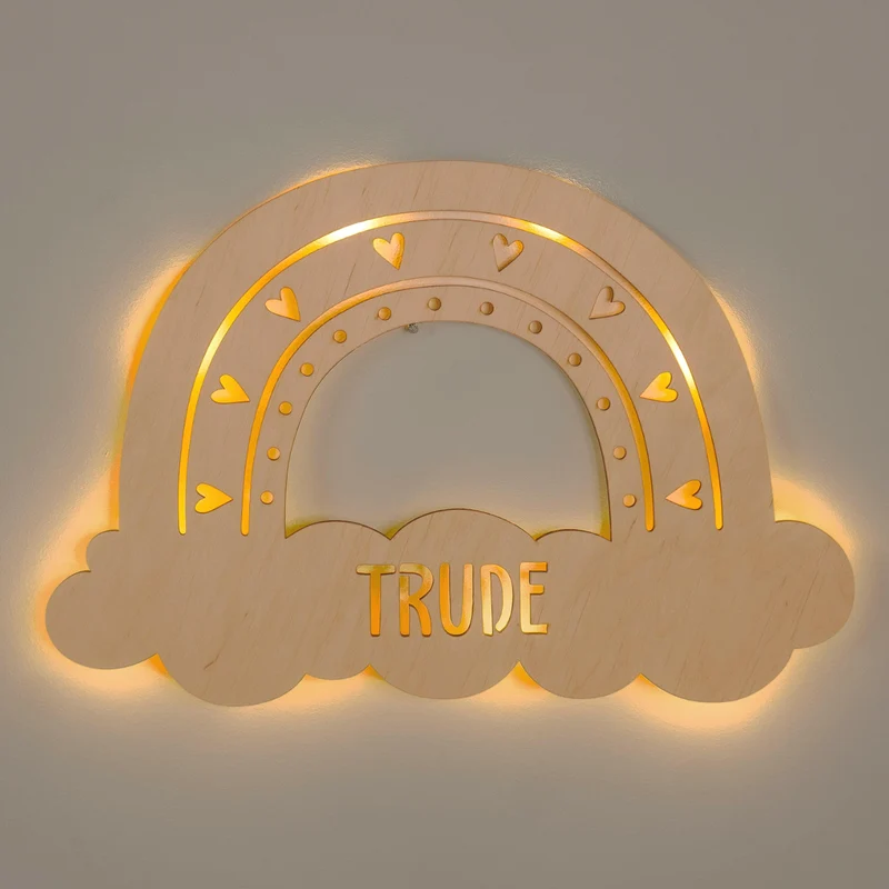 Schlummerlicht Baby mit Namen - Kinder Nachtlicht Personalisiert - Regenbogen & Wolke | LED Holz Lampe