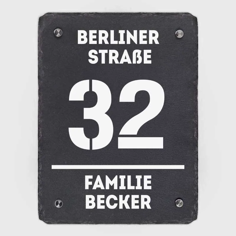 Türschild Personalisiert - Druck mit Familienname & Adresse - Vertikales Hausschild mit Hausnummer | Namensschild Schiefer zur Wandmontage, 3 Größen