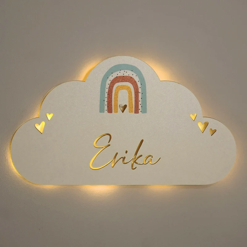 Schlummerlicht Baby mit Namen - Kinder Nachtlicht Personalisiert - Wolke | LED Holz Lampe