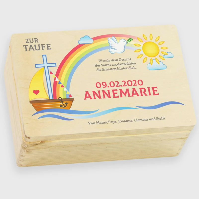 Personalisierte Erinnerungsbox als Taufgeschenk - Nach der Sintflut - Natur, FSC® | Erinnerungskiste Geschenk für Taufkind von Taufpaten, Oma und Opa