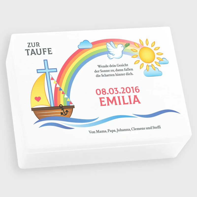 Personalisierte Erinnerungsbox als Taufgeschenk - Nach der Sintflut - Weiß, FSC® | Erinnerungskiste Geschenk für Taufkind von Taufpaten, Oma und Opa