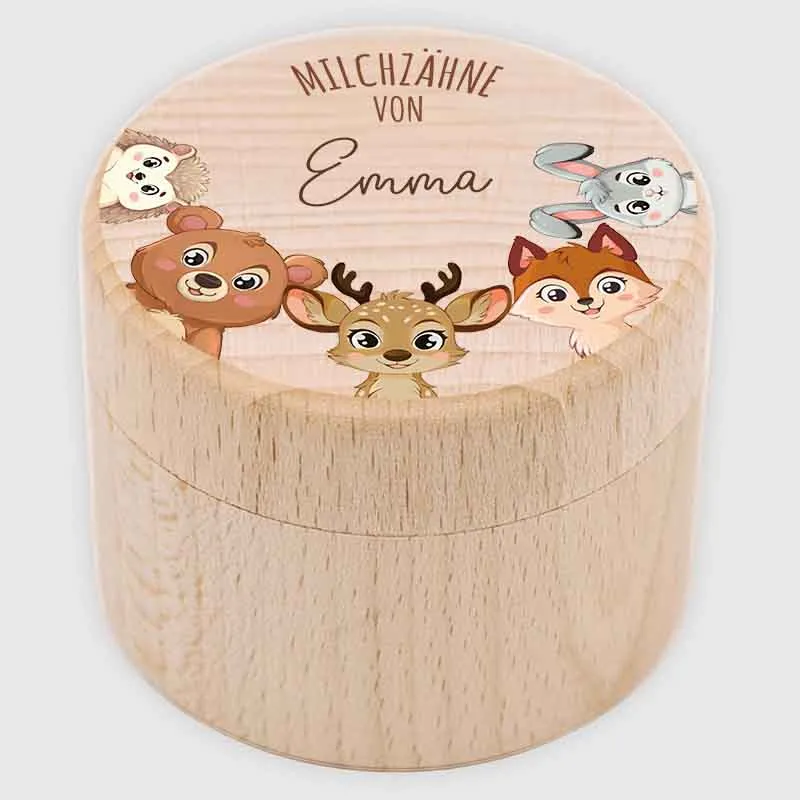 Personalisierte Milchzahndose aus Lindenholz mit Namen - Zahnbox für Kinder - Waldtiere Motiv | Natur, Runde - Baby Geschenk & Andenken zur Taufe