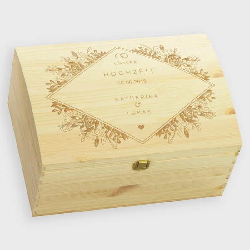 Holztruhe zur Hochzeit - Personalisiert - Florale Raute Motiv - Größe L, FSC®
