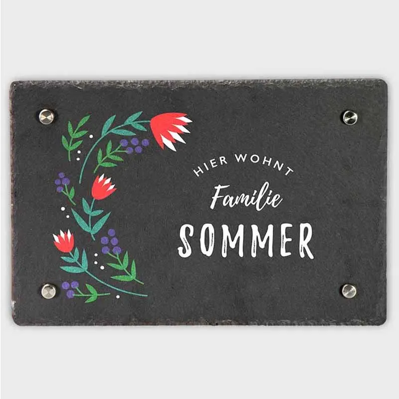 Türschild Personalisiert - Druck mit Familienname - Hausschild Tulpen Farbmotiv - 3 Größen | Namensschild Schiefer zur Wandmontage