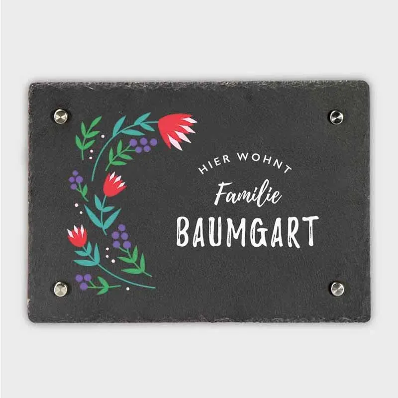 Türschild Personalisiert - Druck mit Familienname - Hausschild Tulpen Farbmotiv - 3 Größen | Namensschild Schiefer zur Wandmontage