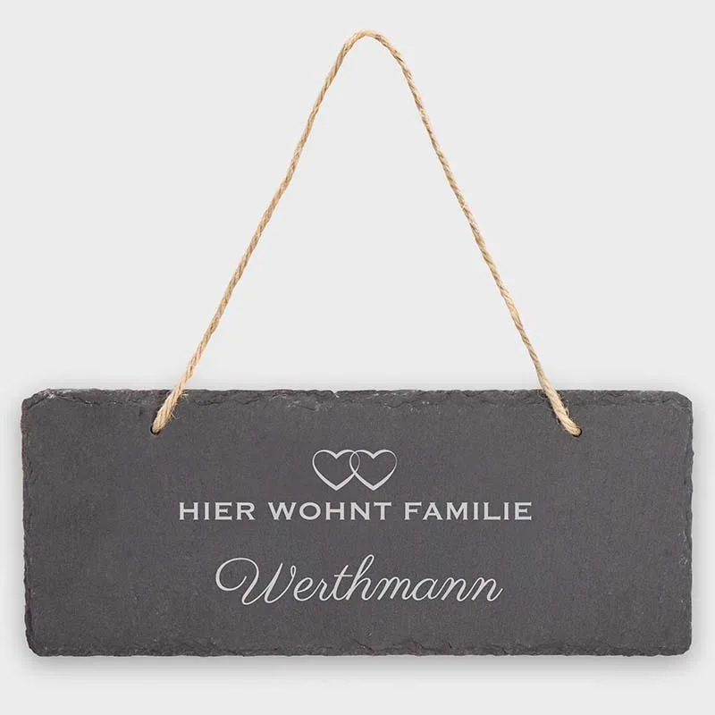 Türschild Personalisiert - Druck mit Name & Familie - Herzen - 3 Größen | Namensschild Schiefer mit Kordel zum Aufhängen
