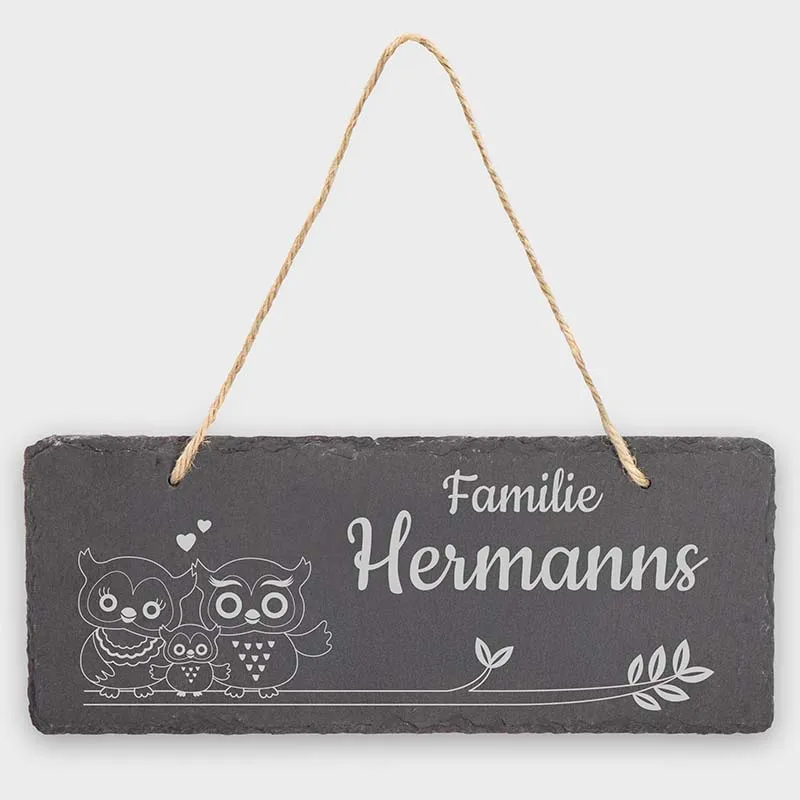 Türschild Personalisiert - Druck mit Name & Familie - Eulen - 3 Größen | Namensschild Schiefer mit Kordel zum Aufhängen