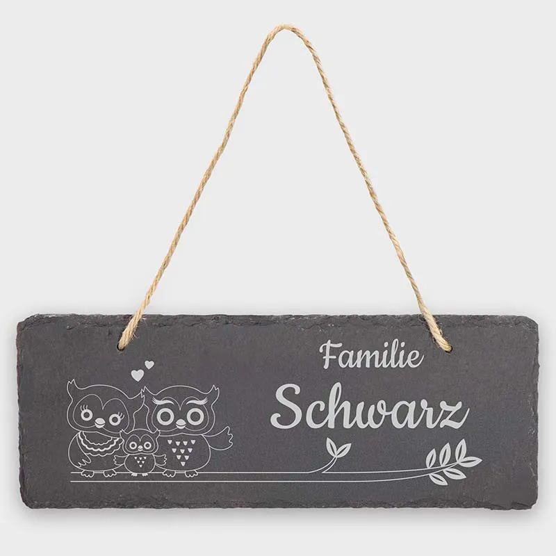 Türschild Personalisiert - Druck mit Name & Familie - Eulen - 3 Größen | Namensschild Schiefer mit Kordel zum Aufhängen