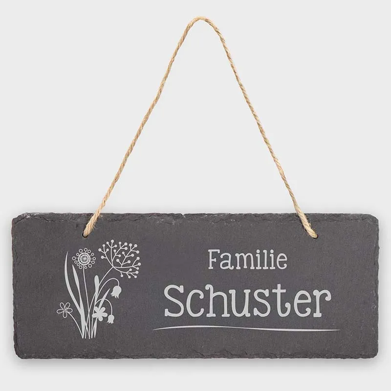 Türschild Personalisiert - Druck mit Name & Familie - Blumen - 3 Größen | Namensschild Schiefer mit Kordel zum Aufhängen
