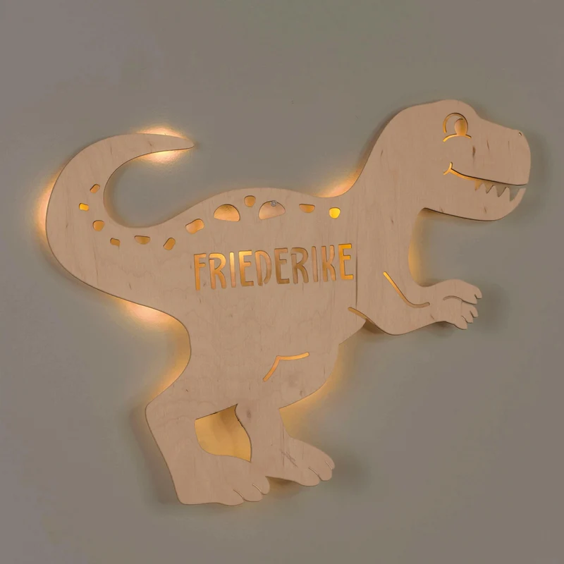 Schlummerlicht Baby mit Namen - Kinder Nachtlicht Personalisiert - Dino T-Rex | LED Holz Lampe Dinosaurier