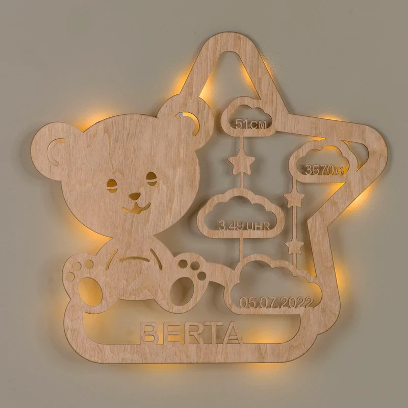 Schlummerlicht Baby mit Namen - Kinder Nachtlicht Personalisiert - Teddybär | LED Holz Lampe Teddy