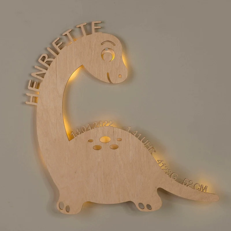 Schlummerlicht Baby mit Namen - Kinder Nachtlicht Personalisiert - Dino | LED Holz Lampe Dinosaurier