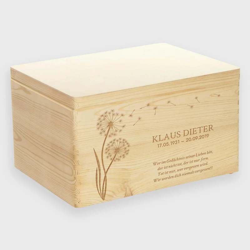Erinnerungskiste an geliebte Menschen - Personalisiert - Pusteblume Front-Motiv - Größe XL - Holz FSC®