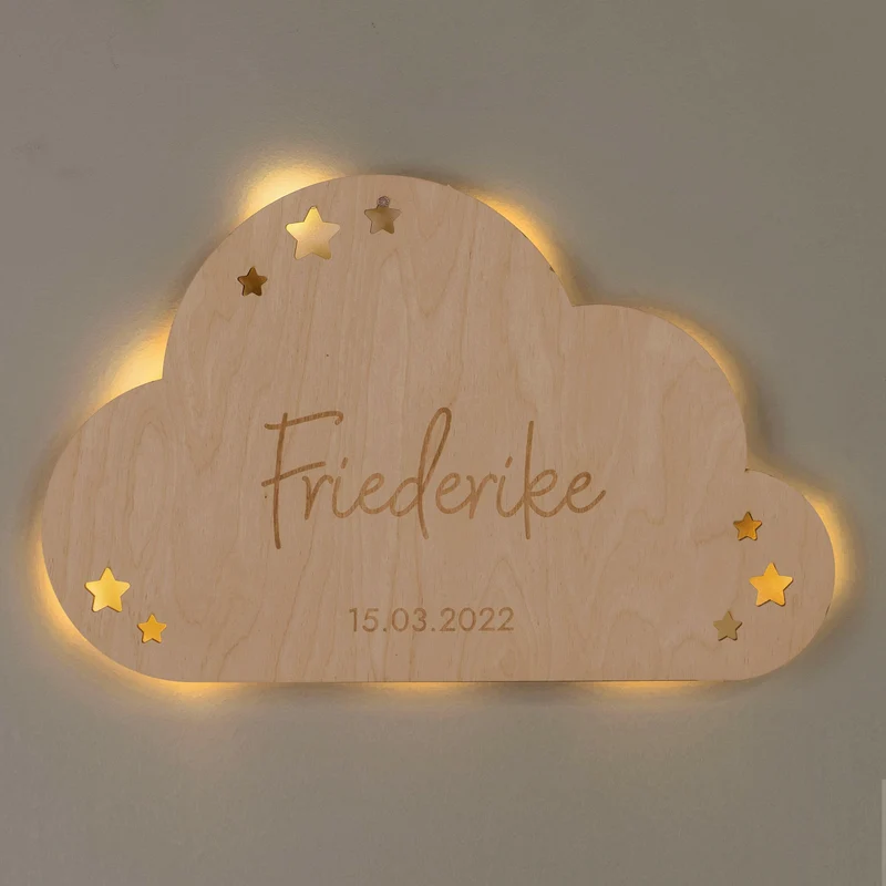 Schlummerlicht Baby mit Namen - Kinder Nachtlicht Personalisiert - Niers Wolke | LED Holz Lampe natur