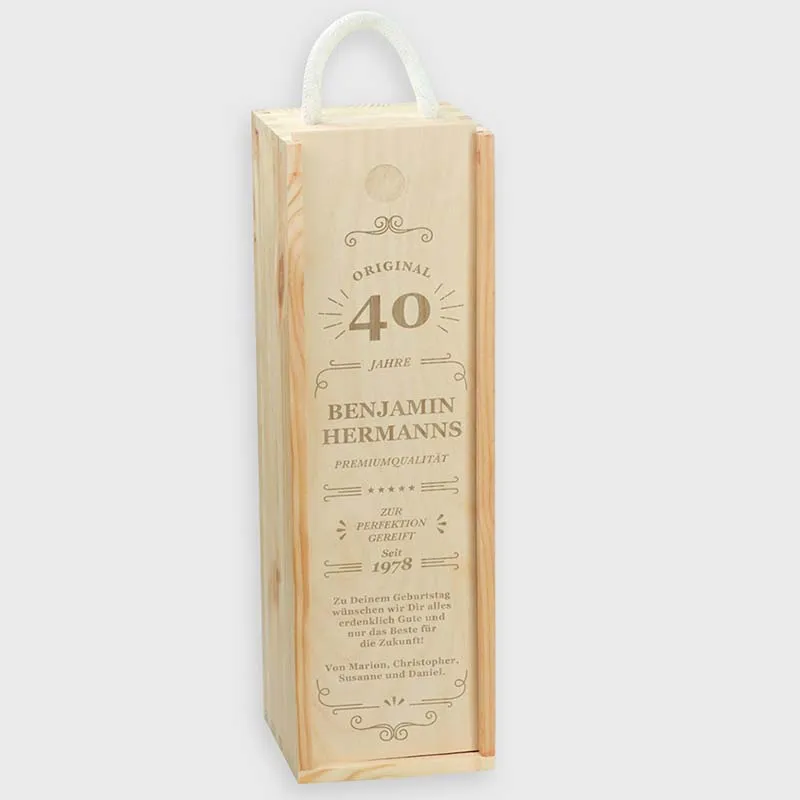 Weinbox aus Holz für eine Flasche - Weinkiste als Geschenkbox personalisiert mit Gravur | Fünf Sterne Motiv - ca. 36x11x10cm Holzkiste für Wein, FSC®