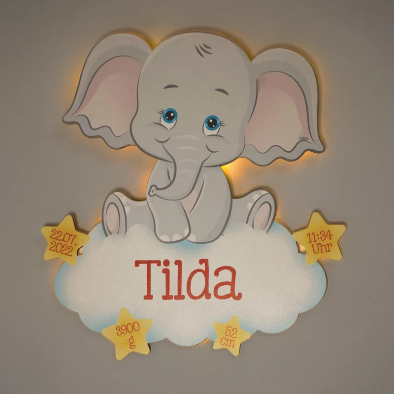 Schlummerlicht Baby mit Namen - Kinder Nachtlicht Personalisiert - Elefant | LED Holz Lampe