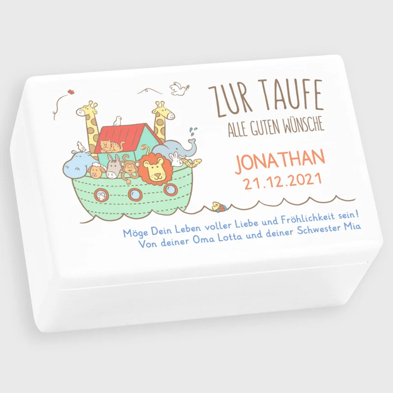 Personalisierte Erinnerungsbox als Taufgeschenk - Arche Noah UV Druck - Kiste Weiß FSC® | Erinnerungskiste als Geschenk zur Taufe für Junge & Mädchen