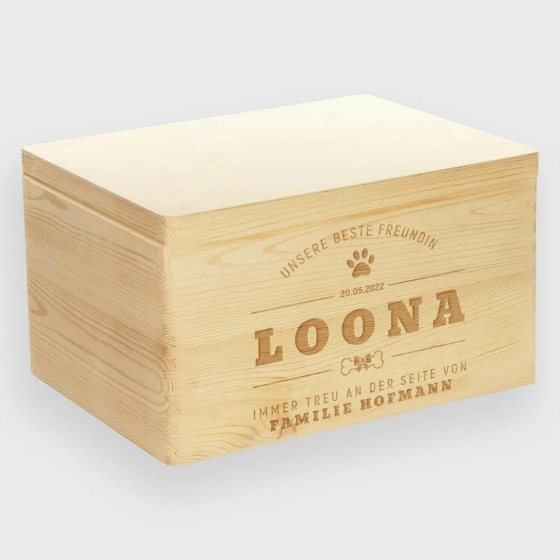 Aufbewahrungskiste für Hundezubehör - Personalisiert - Hundeliebe Front-Motiv - Größe XL - Holz FSC®