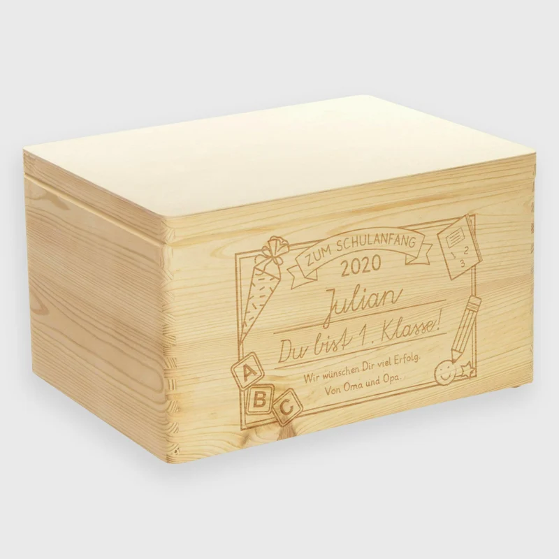 Erinnerungskiste - Erste Klasse Front Gravur - Erinnerungsbox XL Natur FSC® | Geschenk zur Einschulung, Schulanfang & Schulstart für Jungen & Mädchen