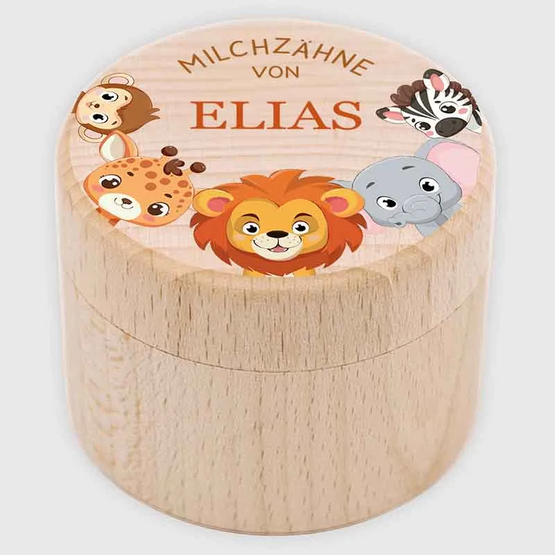 Personalisierte Milchzahndose aus Lindenholz mit Namen - Zahnbox für Kinder - Safari Motiv | Natur, Runde - Baby Geschenk & Andenken zur Taufe