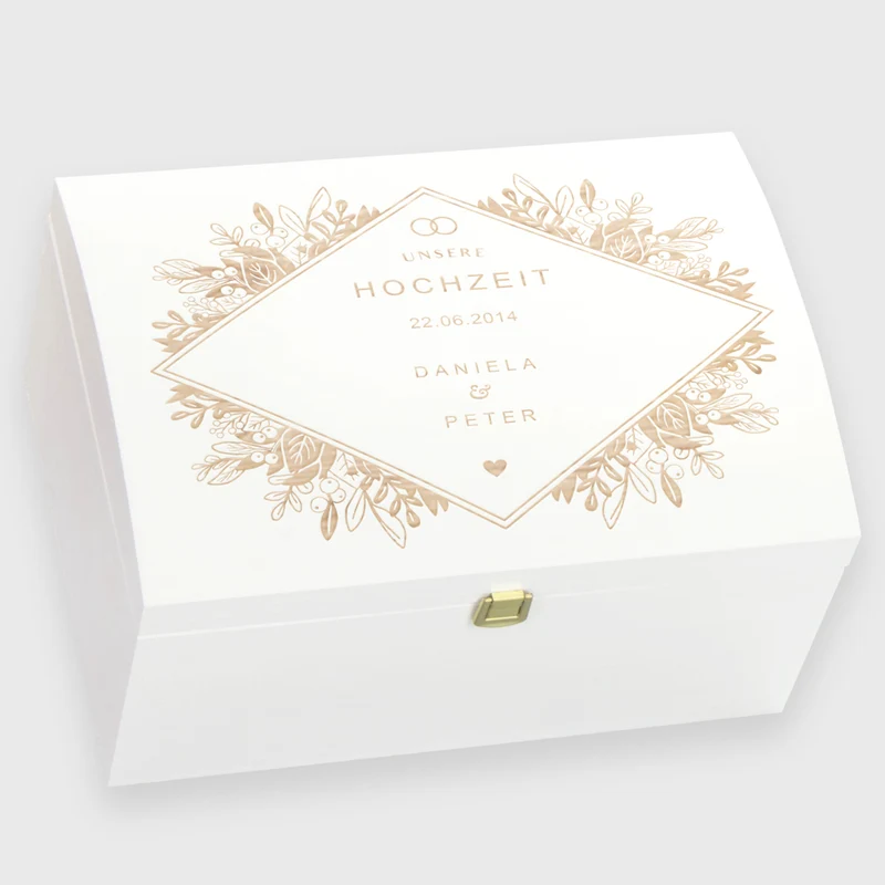 Holztruhe zur Hochzeit mit Verschluss - Personalisiert - Florale Raute Motiv - Weiß - FSC®