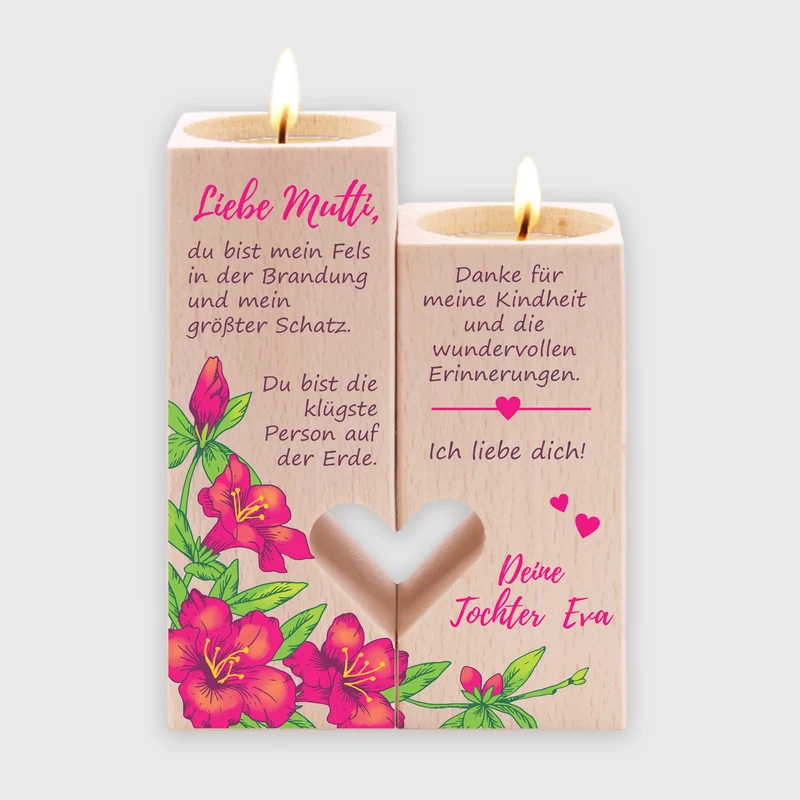 Personalisierter Kerzenständer für Mama - Bunte Blumen, FSC® | Muttertagsgeschenk - Personalisierte Geschenke zu Weihnachten, Geburtstag & Muttertag