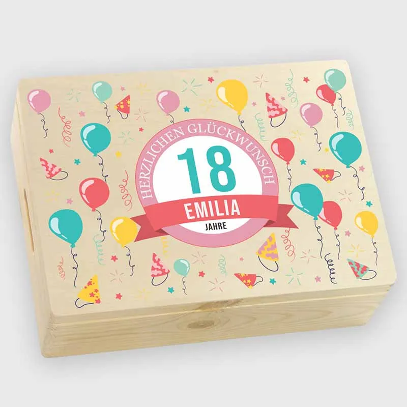 Personalisierte Erinnerungsbox mit Name - Geschenkkiste zum Geburtstag & Jubiläum | Holzkiste mit Deckel & Griffen - Natur, ca. 40 x 30 x 14 cm, FSC®