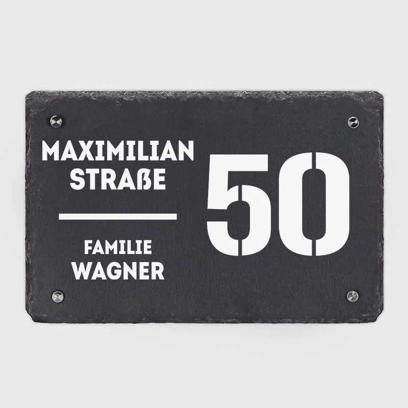 Türschild Personalisiert - Druck mit Familienname & Adresse - Horizontales Hausschild mit Hausnummer | Namensschild Schiefer zur Wandmontage, 3 Größen