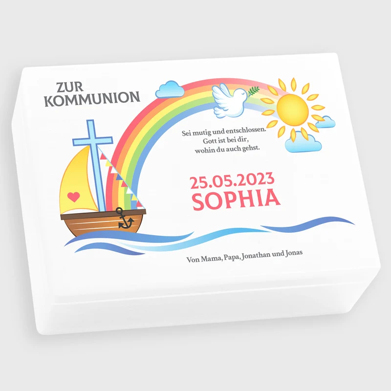 Holzkiste zur Kommunion - Personalisiert - Regenbogen Motiv - Weiß, FSC®