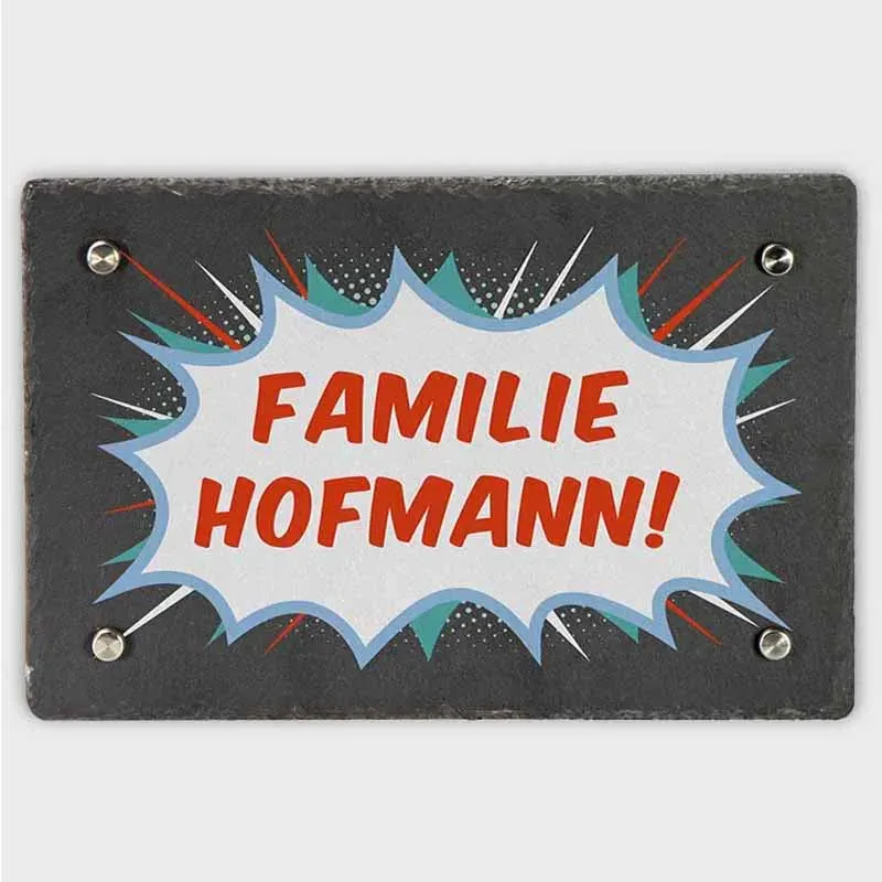 Türschild Personalisiert - Druck mit Familienname - Hausschild Comic Farbmotiv - 3 Größen | Namensschild Schiefer zur Wandmontage