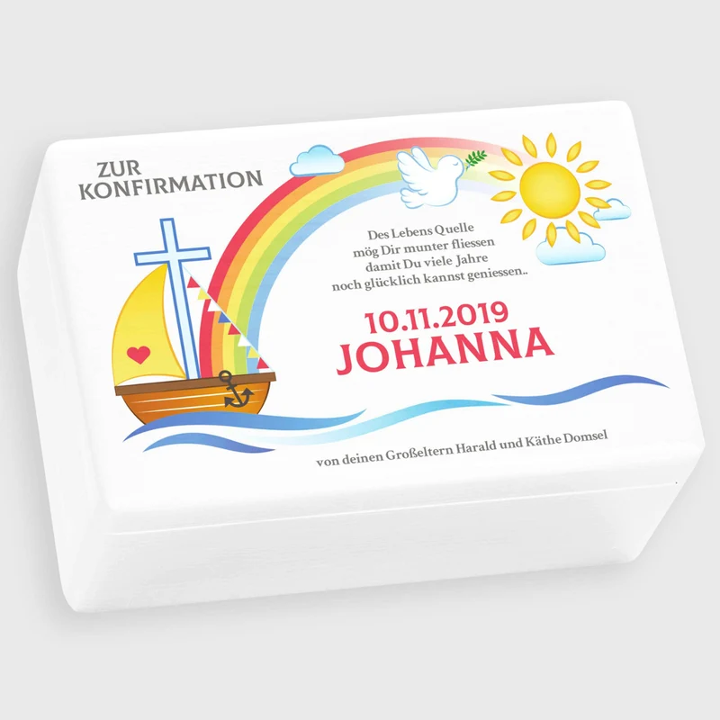 Holzkiste zur Konfirmation - Personalisiert - Frieden Motiv - Weiß, FSC®