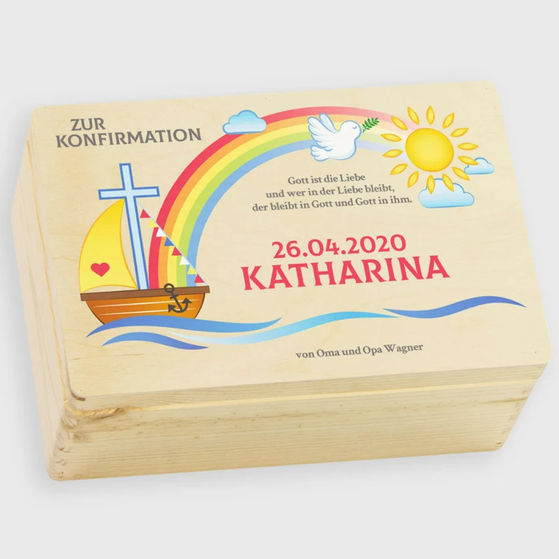 Holzkiste zur Konfirmation - Personalisiert - Frieden Motiv - Natur - Holz FSC®