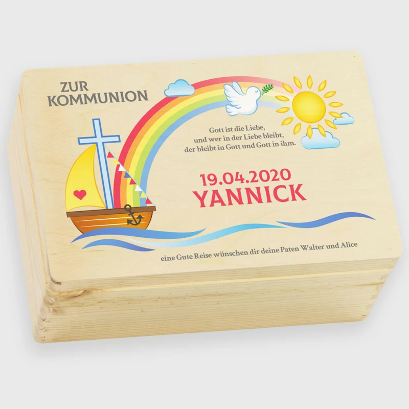 Holzkiste zur Kommunion - Personalisiert - Regenbogen Motiv - Natur - Holz FSC®