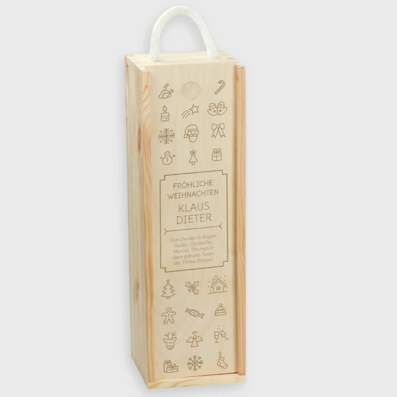 Weinbox aus Holz für eine Flasche - Weinkiste als Geschenkbox personalisiert mit Gravur | Icons Motiv - ca. 36x11x10cm Holzkiste für Weinflasche - FSC®