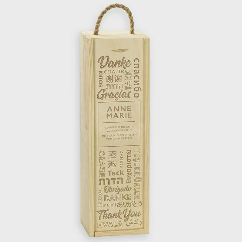 Weinbox aus Holz für eine Flasche - Weinkiste als Geschenkbox personalisiert mit Gravur | Danke Motiv - ca. 36x11x10cm Holzkiste für Weinflasche, FSC®