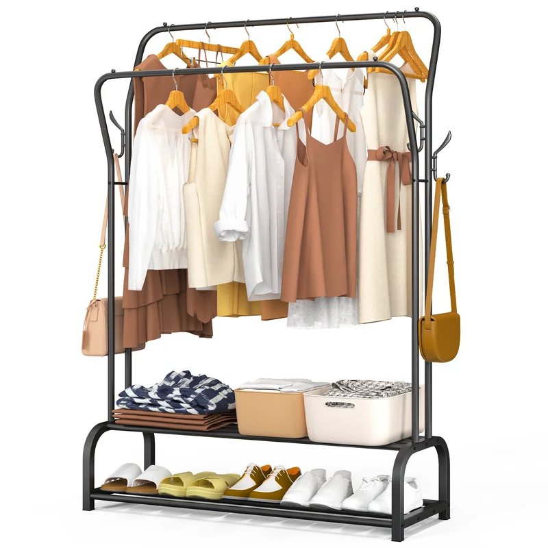 Metall Doppelt Kleiderständer mit 2-lagigem Schuhregal & 4 Haken 108x35x145cm Schwarz