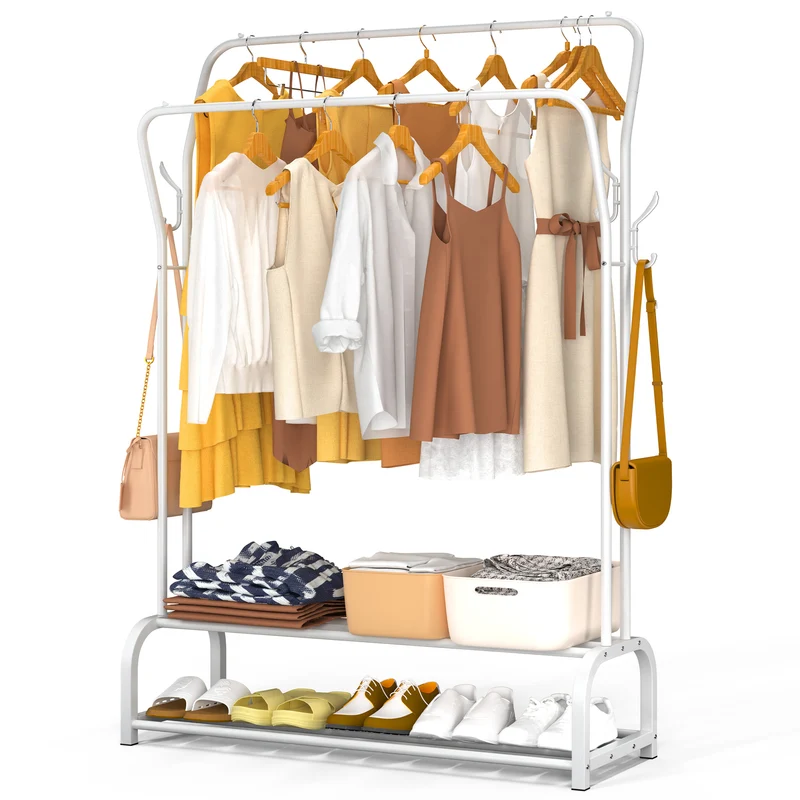 Metall Doppelt Kleiderständer mit 2-lagigem Schuhregal & 4 Haken 108x35x145cm Weiß