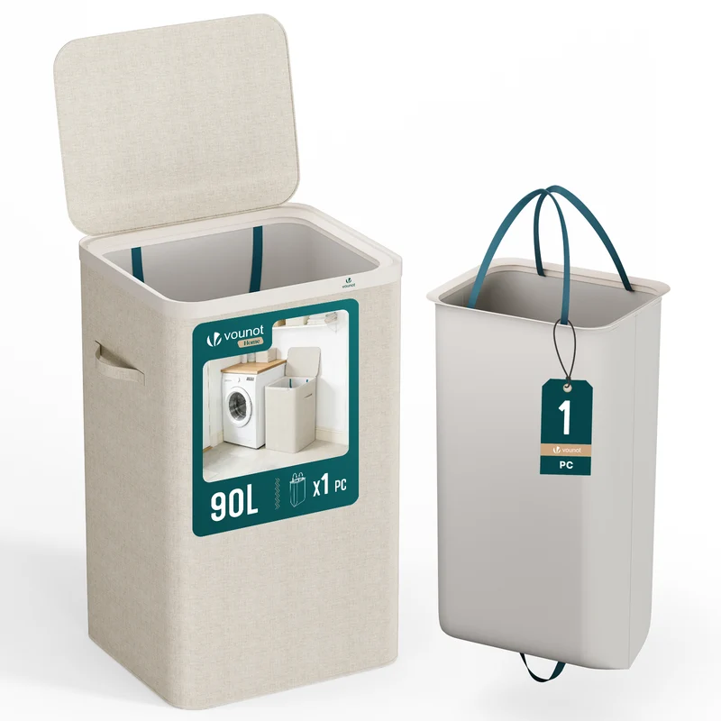 Wäschekorb 90L, Wäschesammler mit Deckel Beige