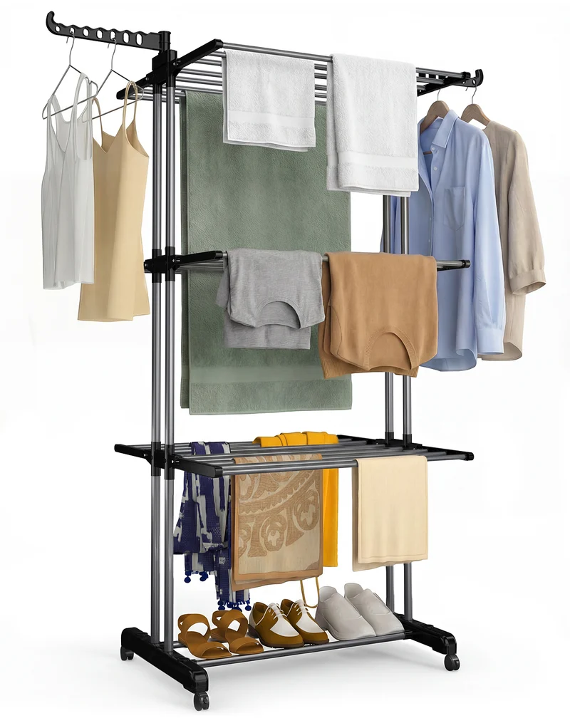 4 Ebenen Wäscheständer Turm mit Rollen 126x63x170 cm Schwarz-Grau