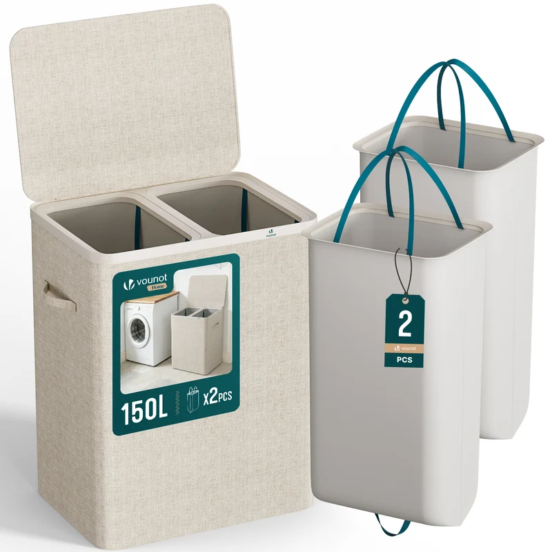 Wäschekorb 2 Fächer 150L, Wäschesammler mit Deckel Beige